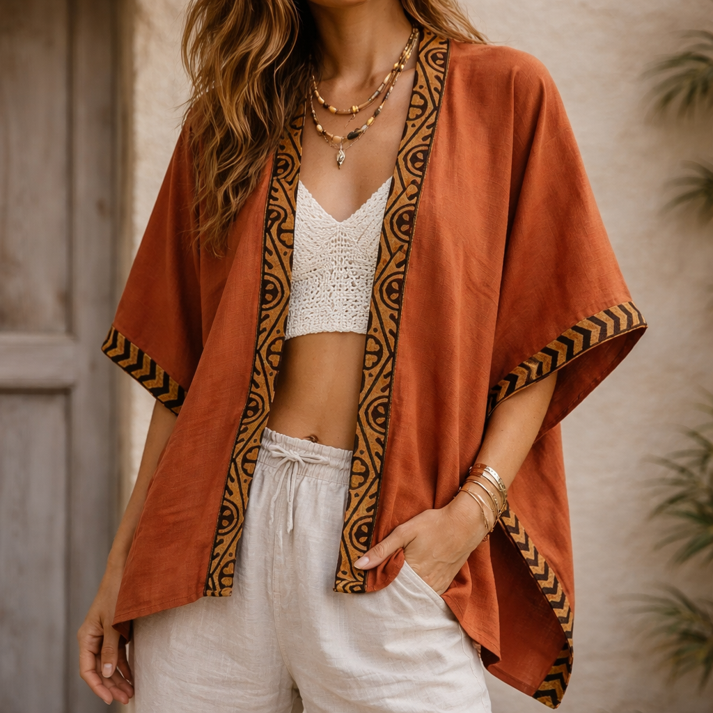 Karwaan Kaftan Cotton Shrug- Rust Orange