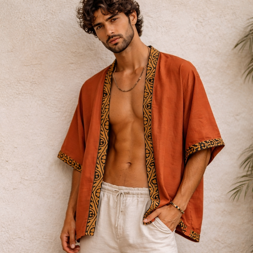 Karwaan Kaftan Cotton Shrug- Rust Orange