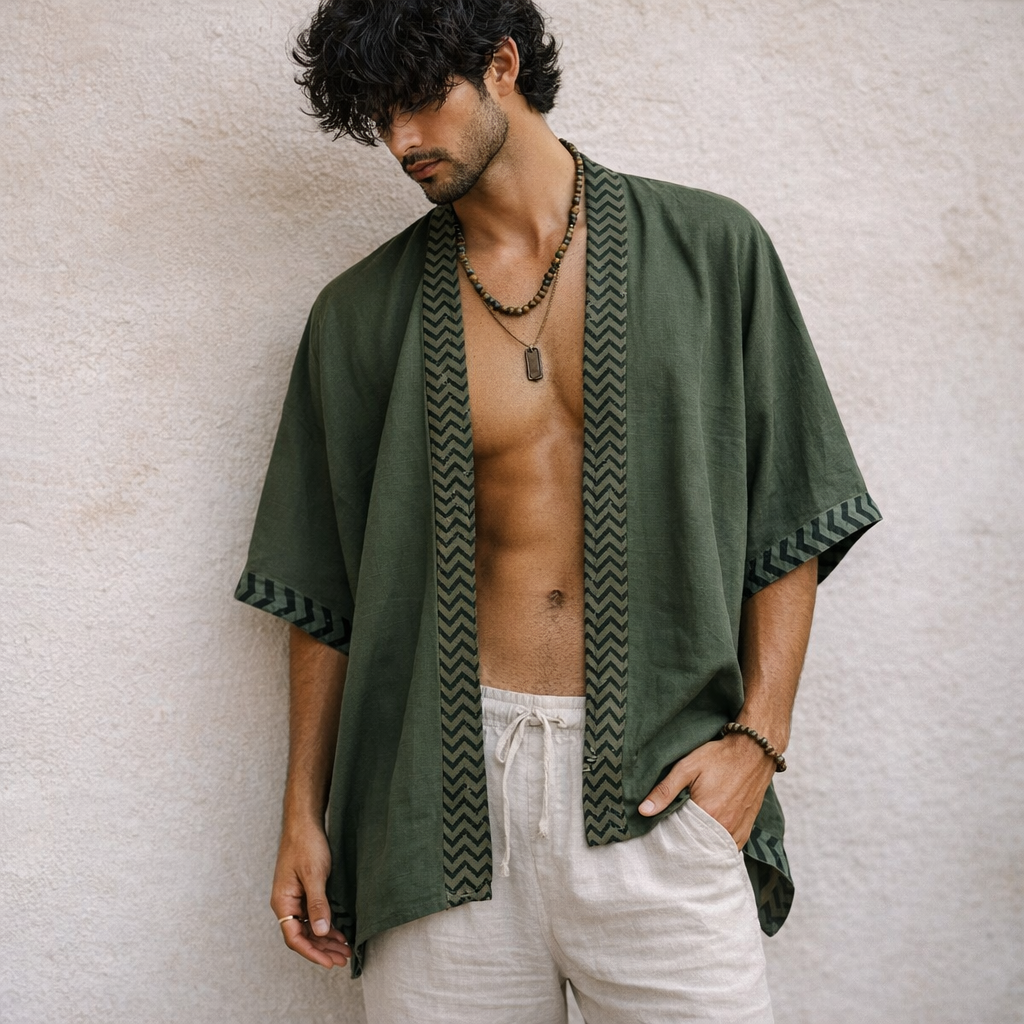 Karwaan Kaftan Cotton Shrug - Forest Green