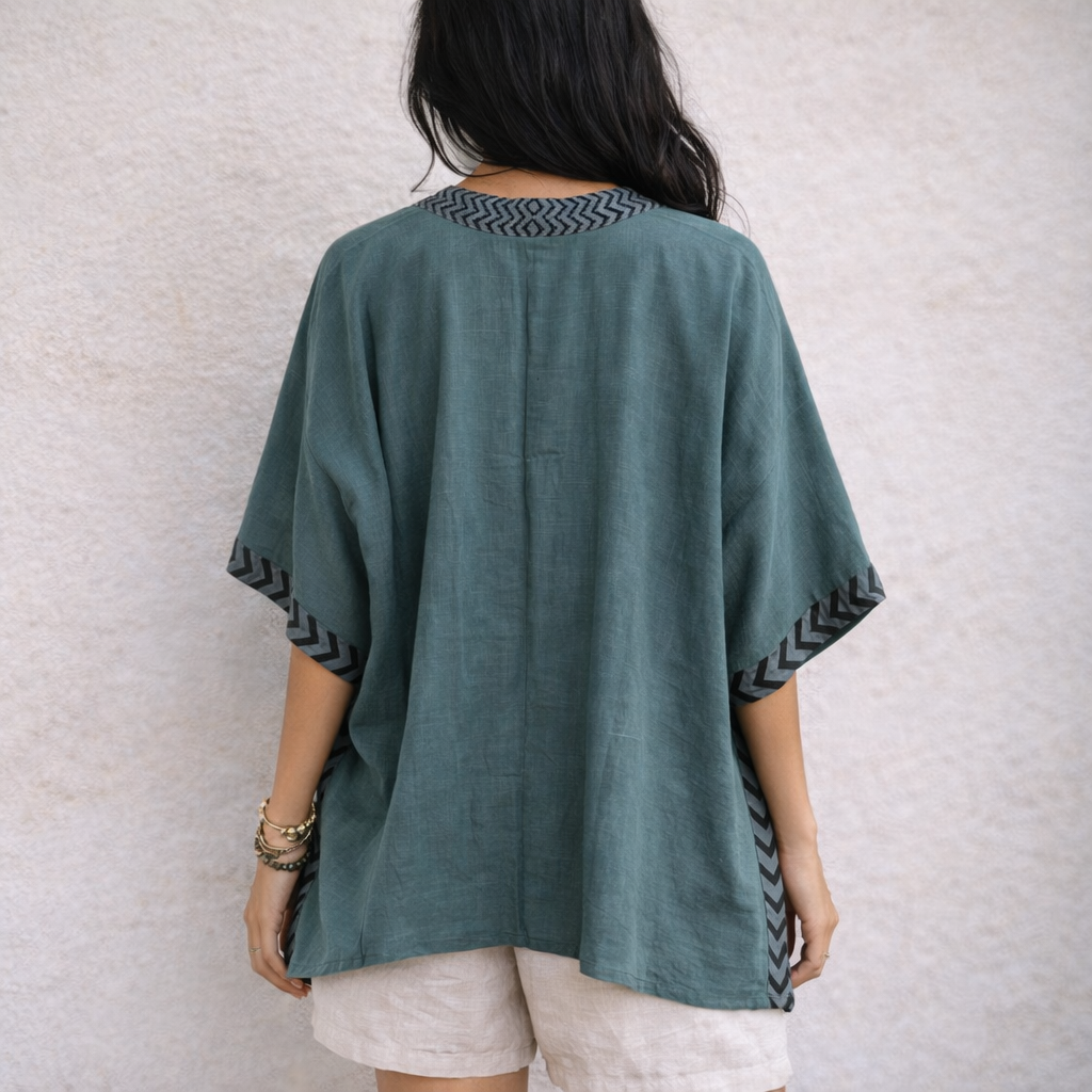 Karwaan Kaftan Cotton Shrug- Teal Blue
