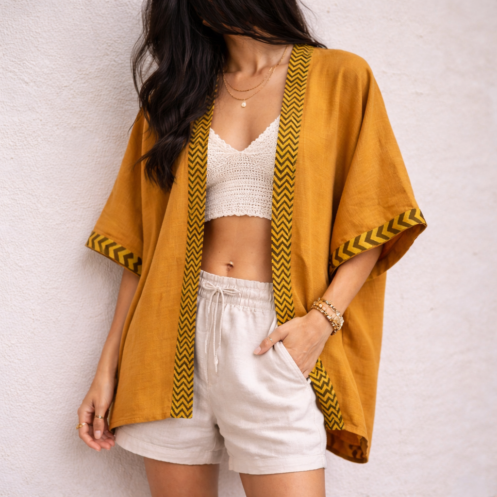 Karwaan Kaftan Cotton Shrug- Mustard