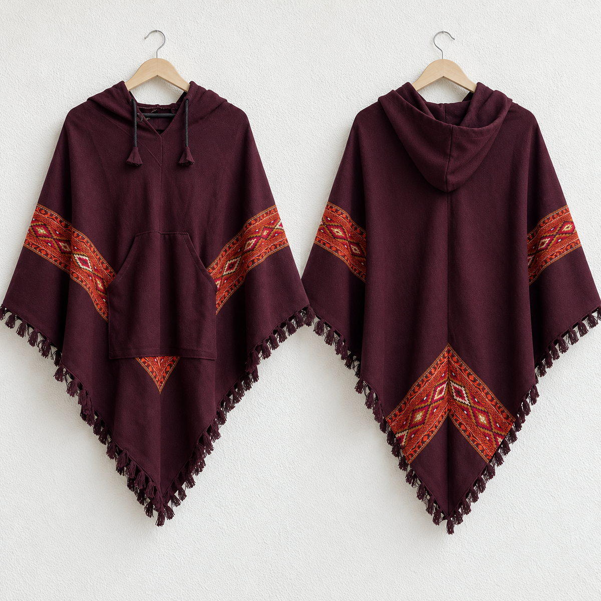 Pahadi Kullu Poncho with Hood - Wine