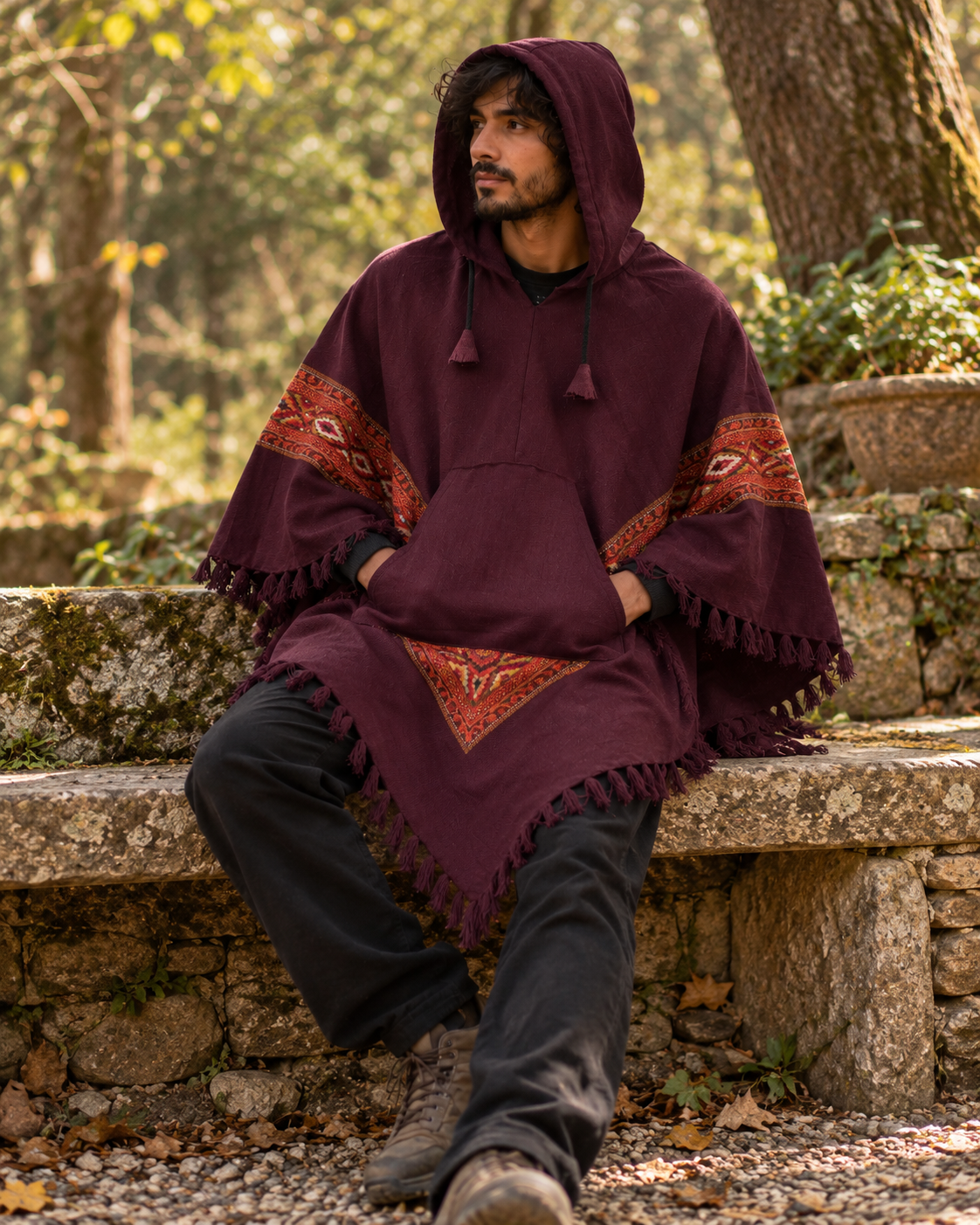 Pahadi Kullu Poncho with Hood - Wine