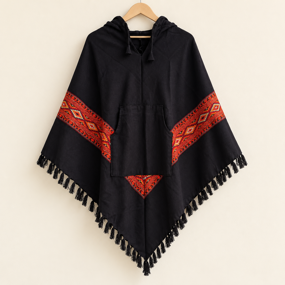 Pahadi Kullu Poncho with Hood - Black