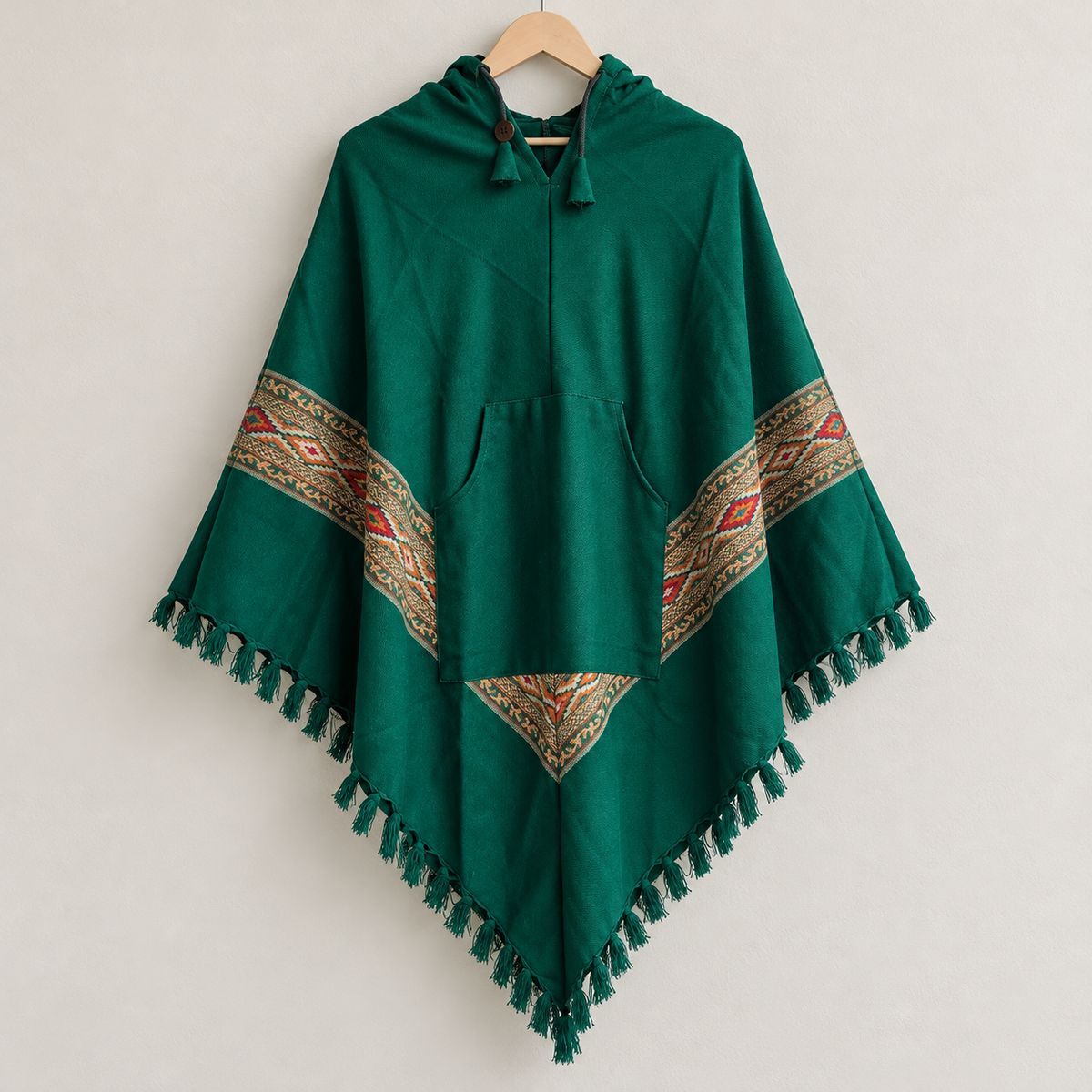 Pahadi Kullu Poncho with Hood - Green