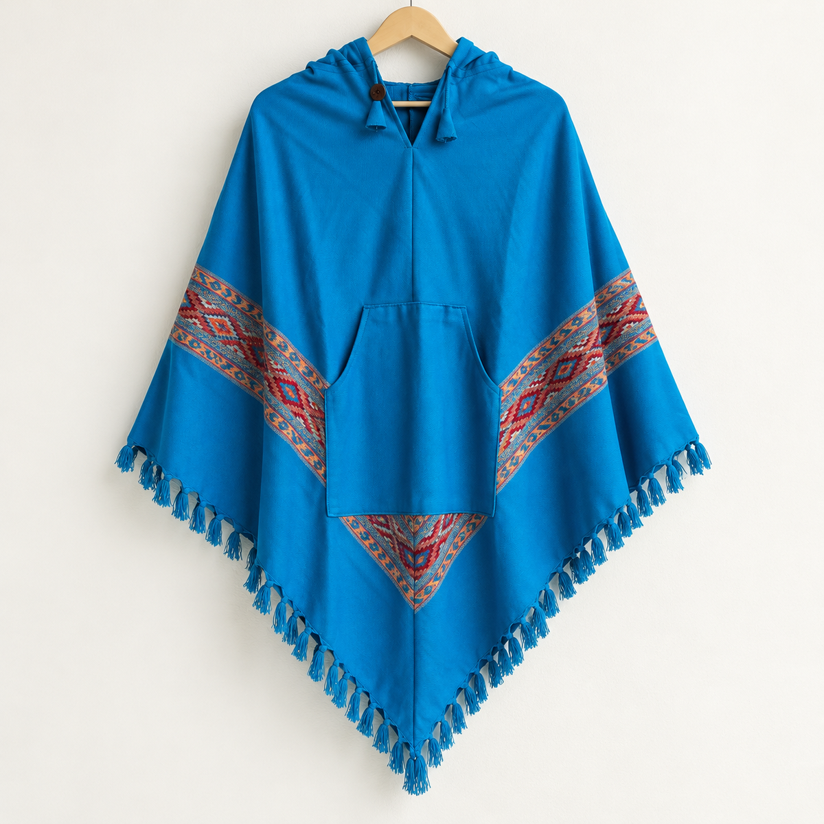 Pahadi Kullu Poncho with Hood - Sea