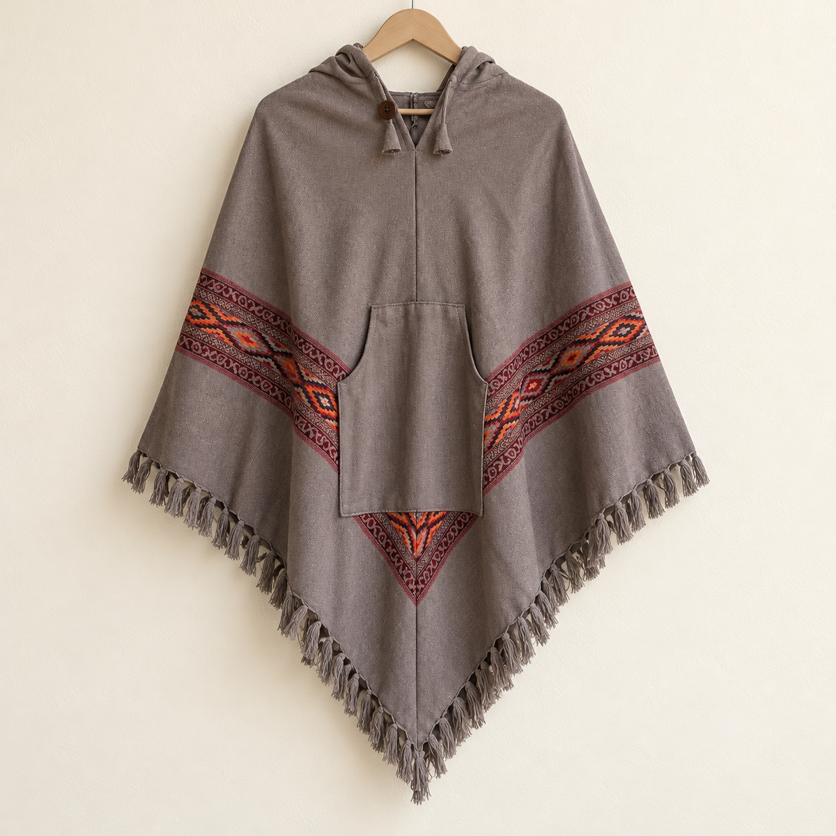 Pahadi Kullu Poncho with Hood - Grey