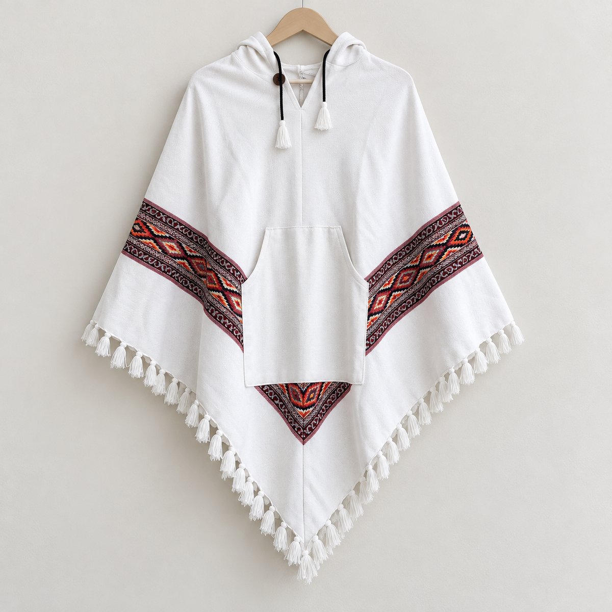 Pahadi Kullu Poncho with Hood - White