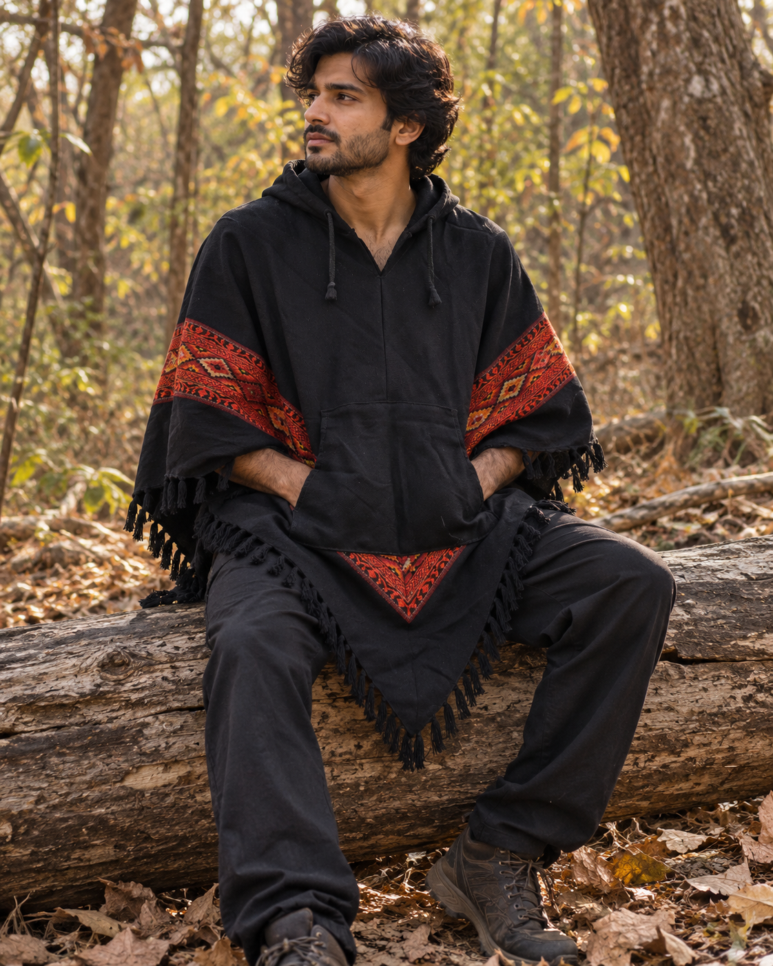 Pahadi Kullu Poncho with Hood - Black