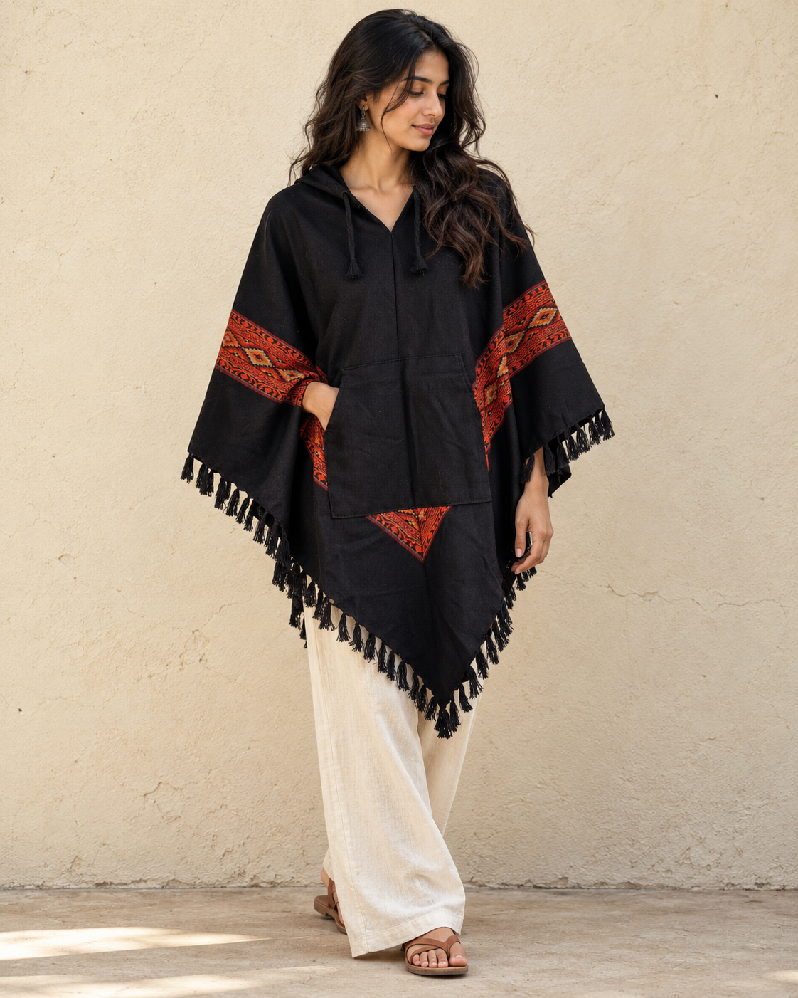 Pahadi Kullu Poncho with Hood - Black