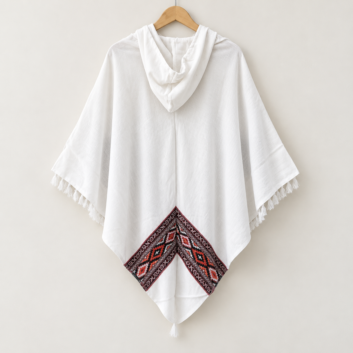 Pahadi Kullu Poncho with Hood - White
