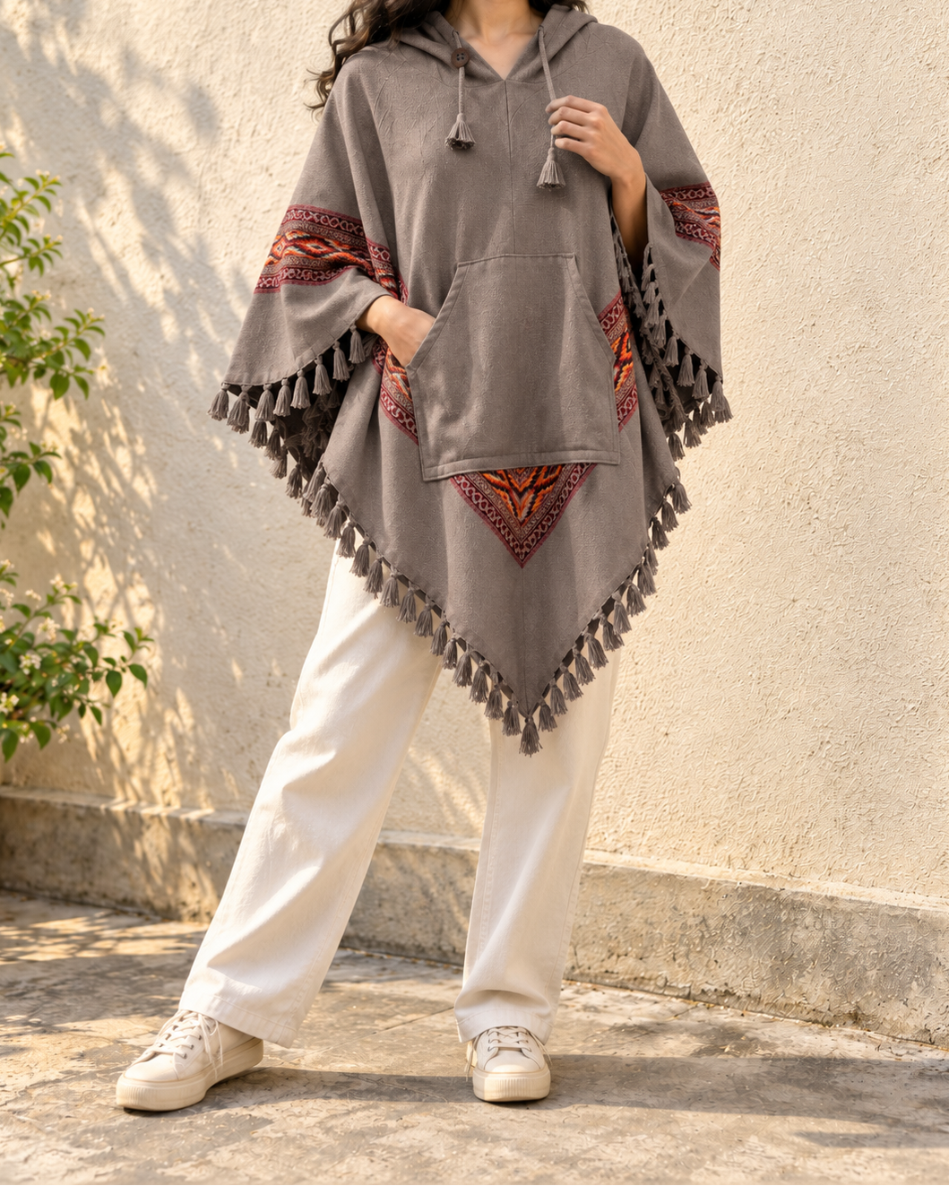 Pahadi Kullu Poncho with Hood - Grey