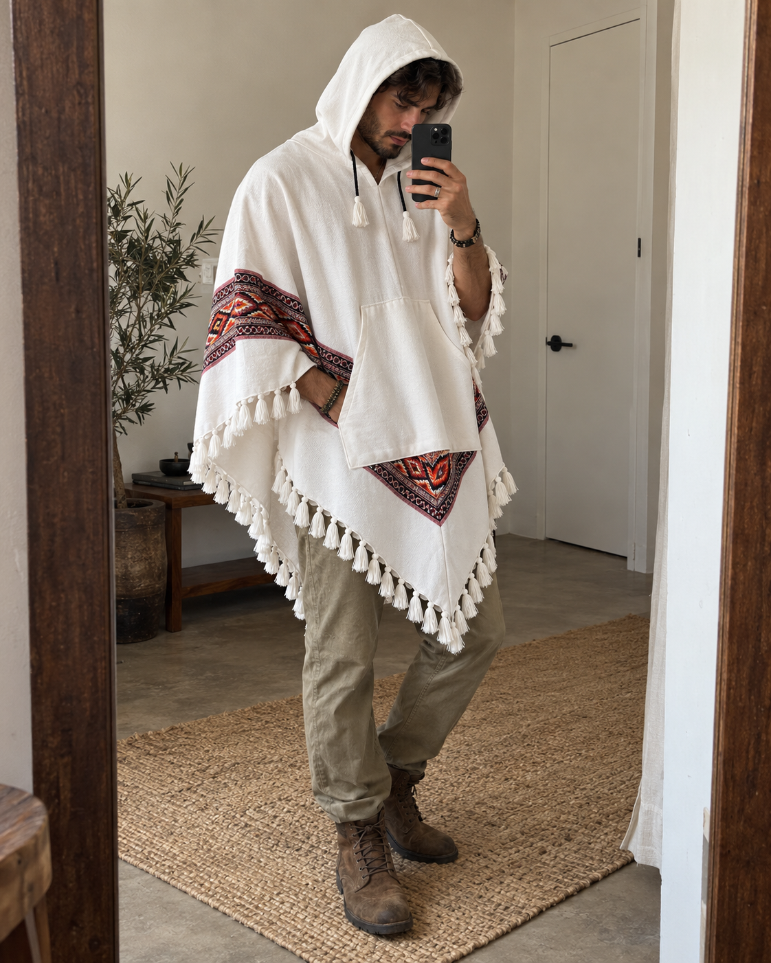 Pahadi Kullu Poncho with Hood - White