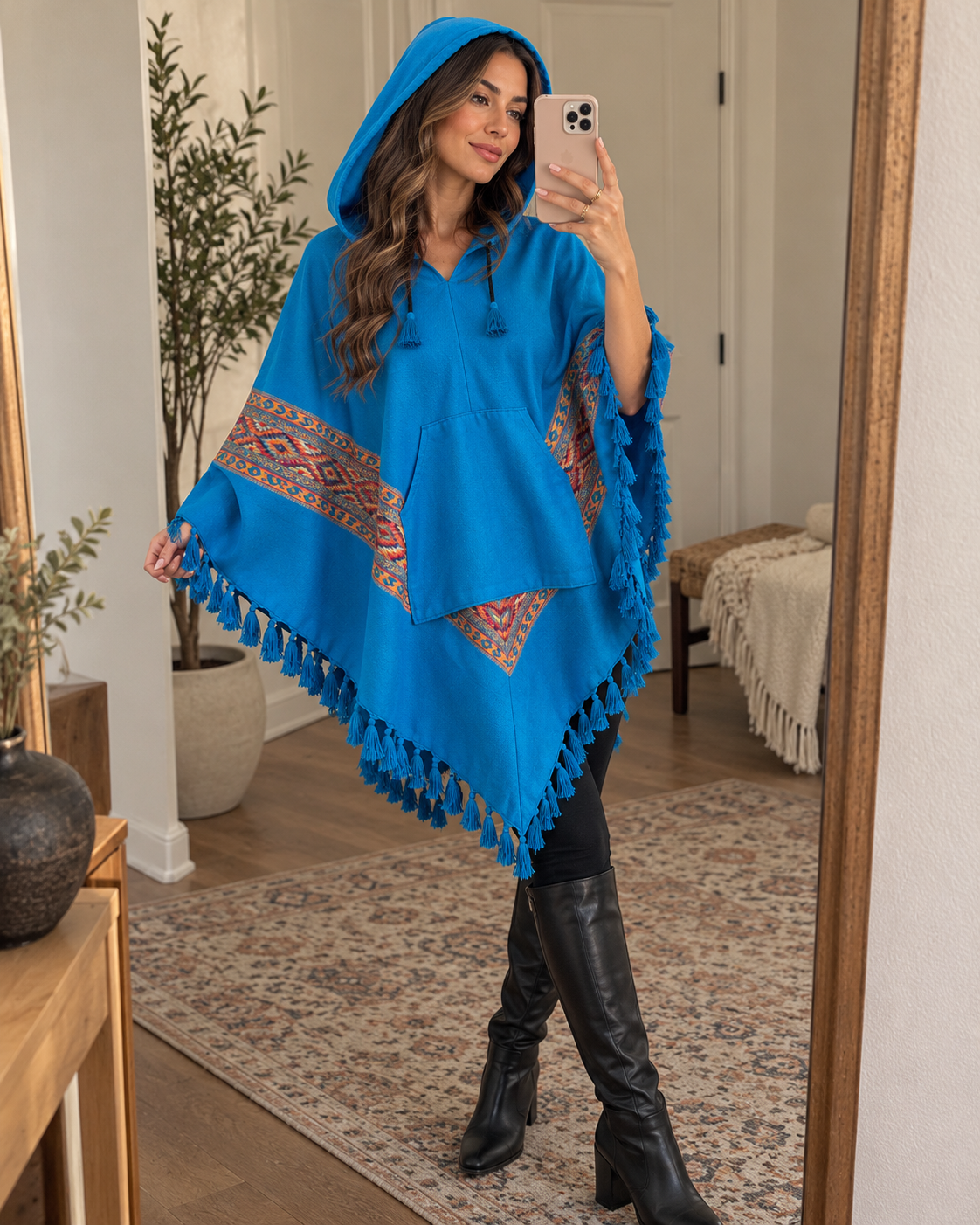 Pahadi Kullu Poncho with Hood - Sea