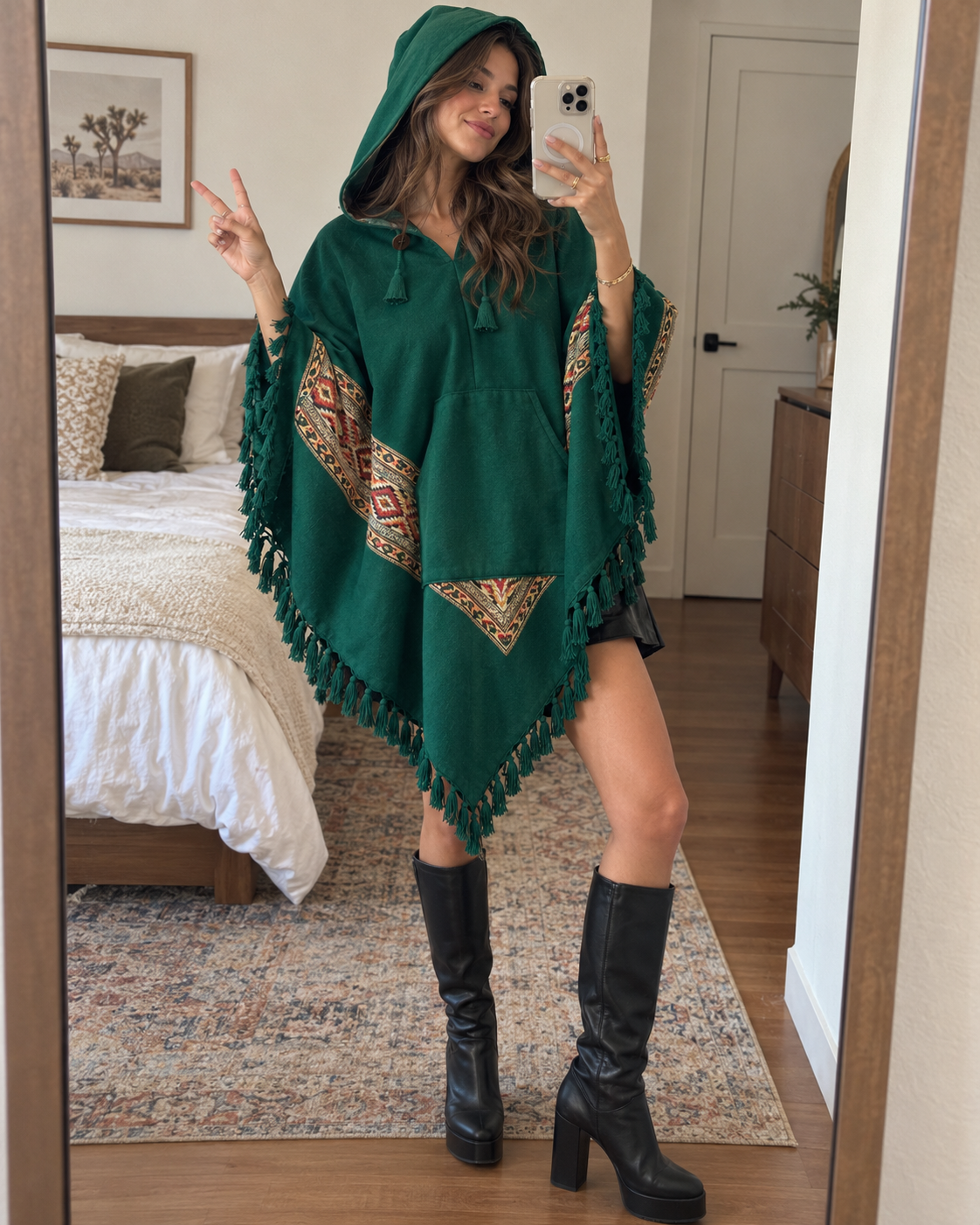 Pahadi Kullu Poncho with Hood - Green