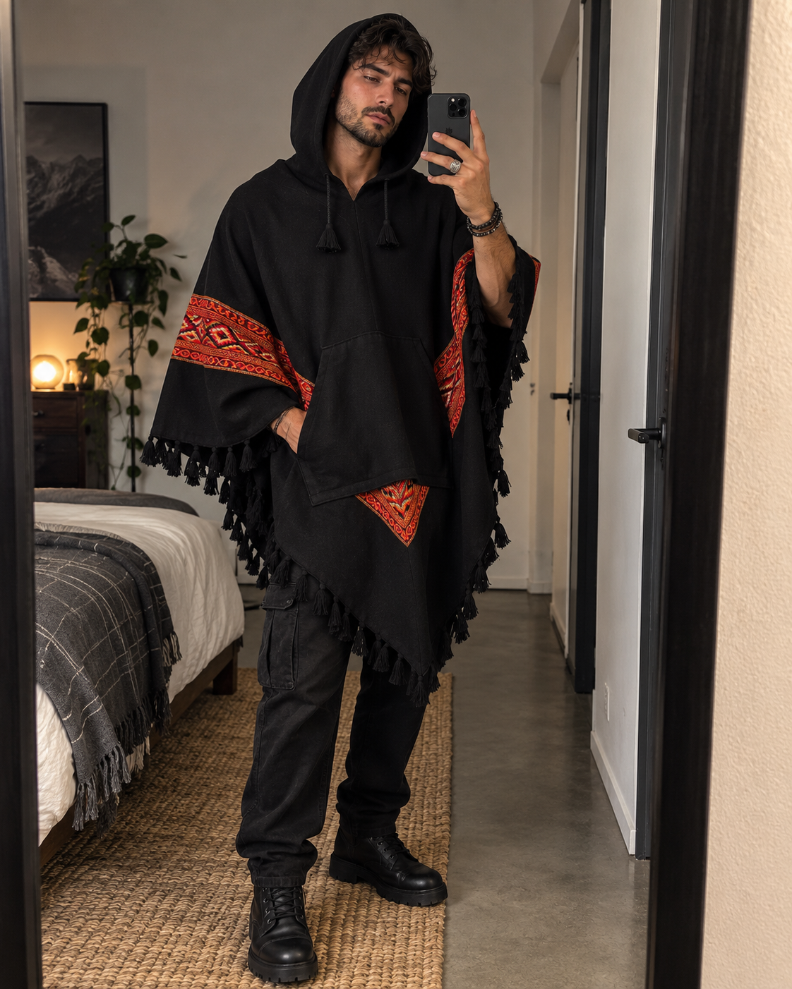 Pahadi Kullu Poncho with Hood - Black