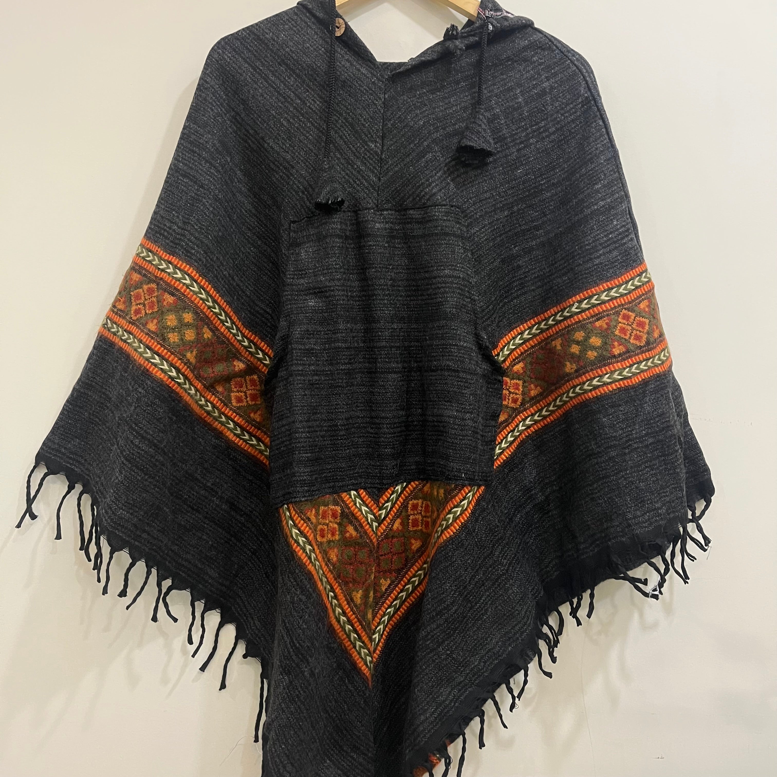 Pahadi Kullu Poncho with Hood - Black