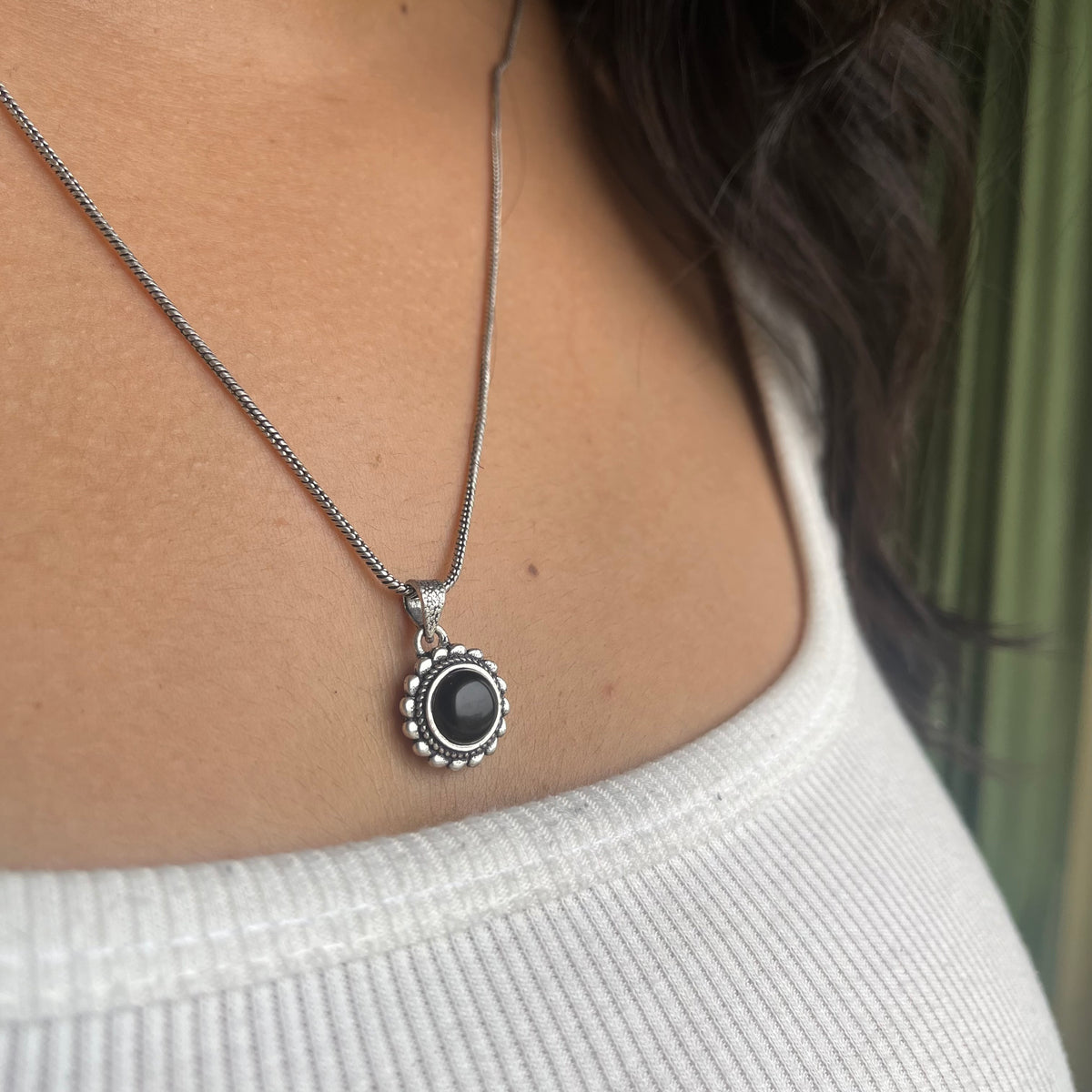 Black Onyx Stone Pendant & Chain