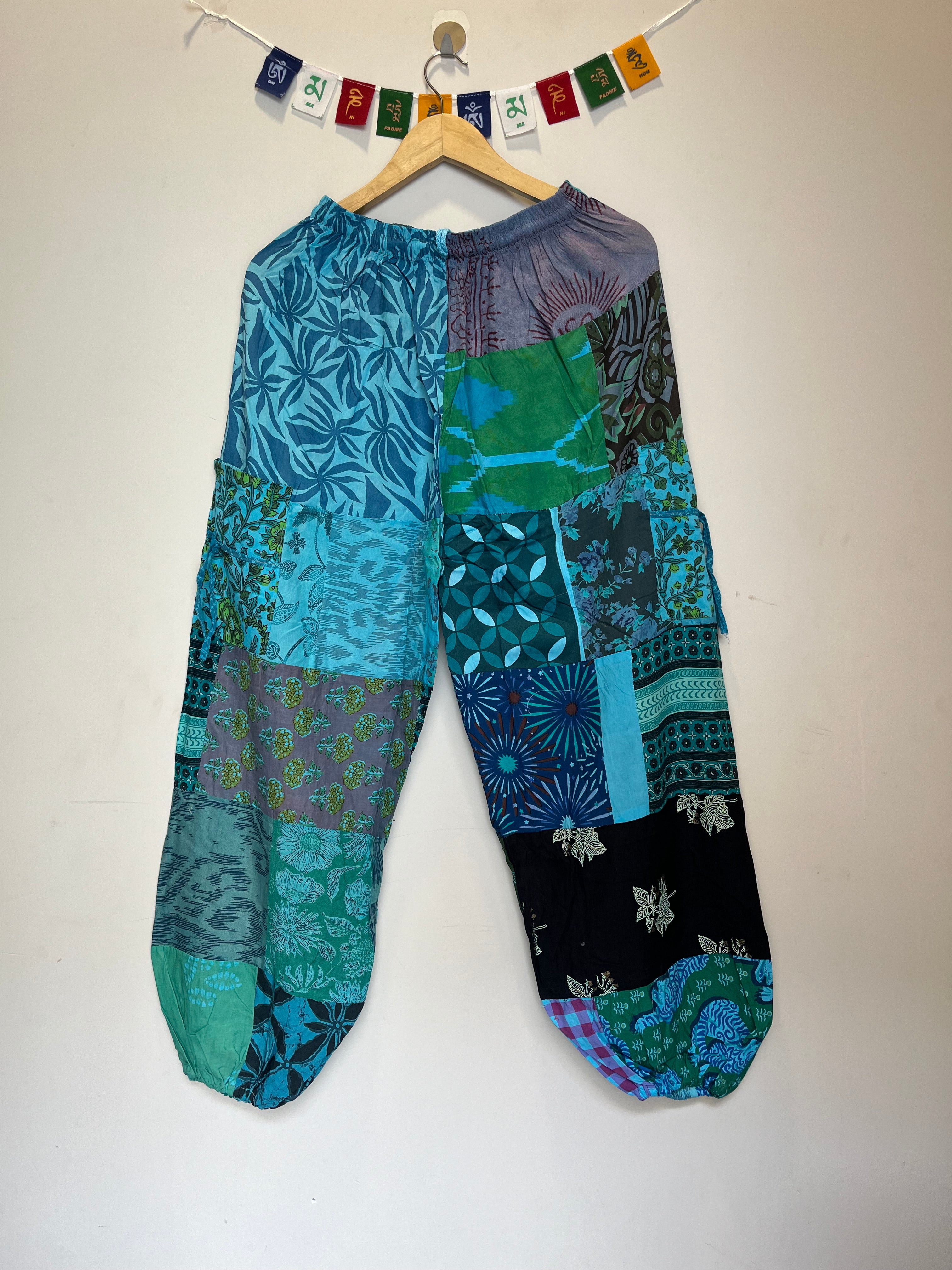 Cotton Patchwork Pants - Turquoise