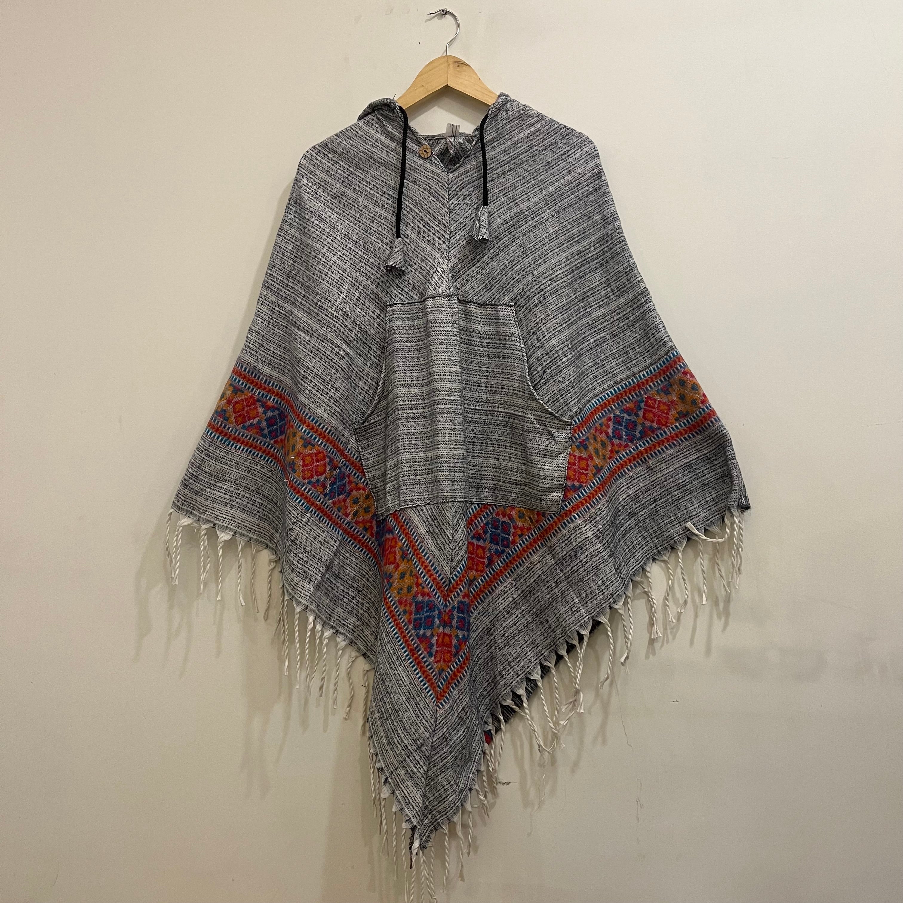 Pahadi Kullu Poncho with Hood - Grey