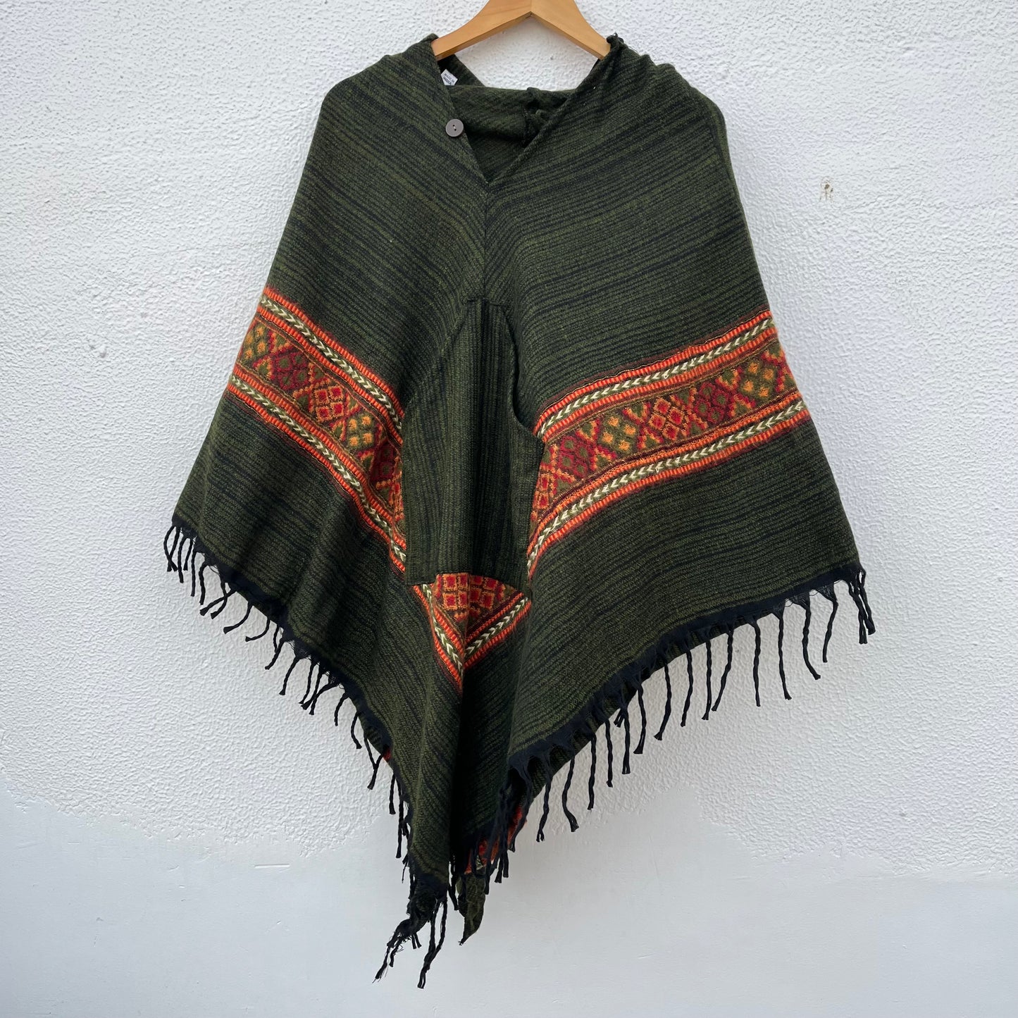 Combo Set - Kullu Poncho + Woollen Pants (Green+ Cream)