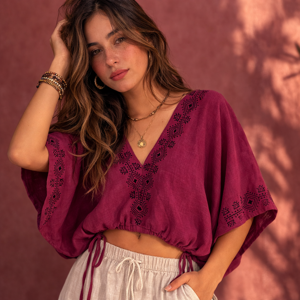 Zyra V-Neck Cotton Top - Mulberry Berry