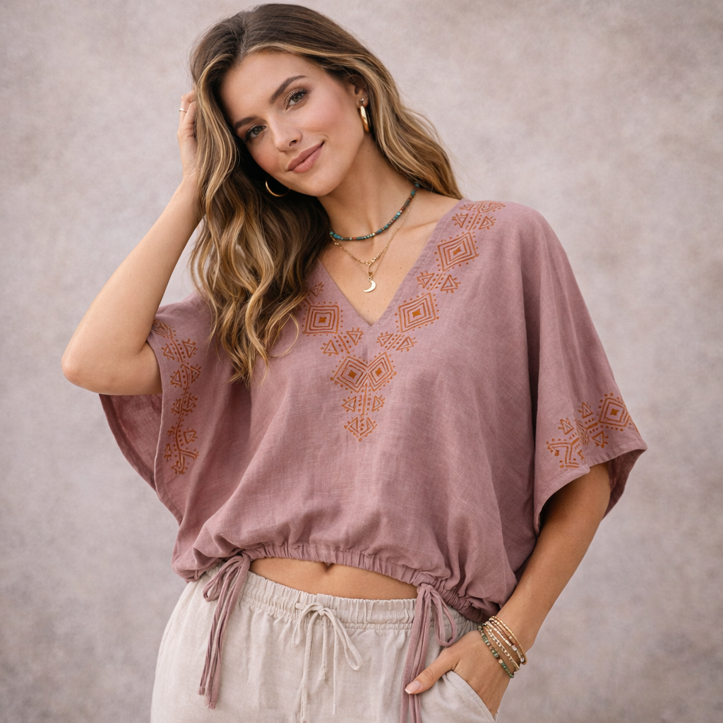 Zyra V-Neck Cotton Top - Light Sand