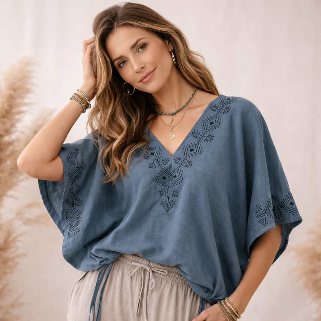 Zyra V-Neck Cotton Top - Dusty Teal