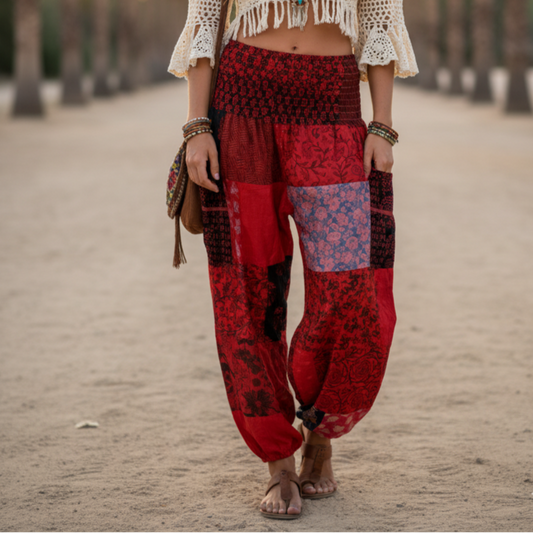 Cotton Patchwork Pants - Kansai Pattern (Red)