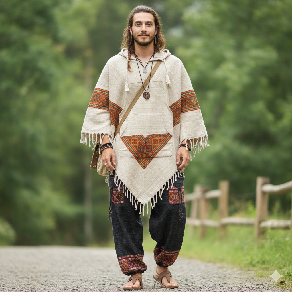 Combo Set - Kullu Poncho + Woollen Pants (Cream + Black)