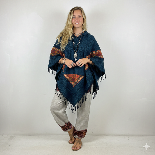Combo Set - Kullu Poncho + Woollen Pants (Blue+ Cream)