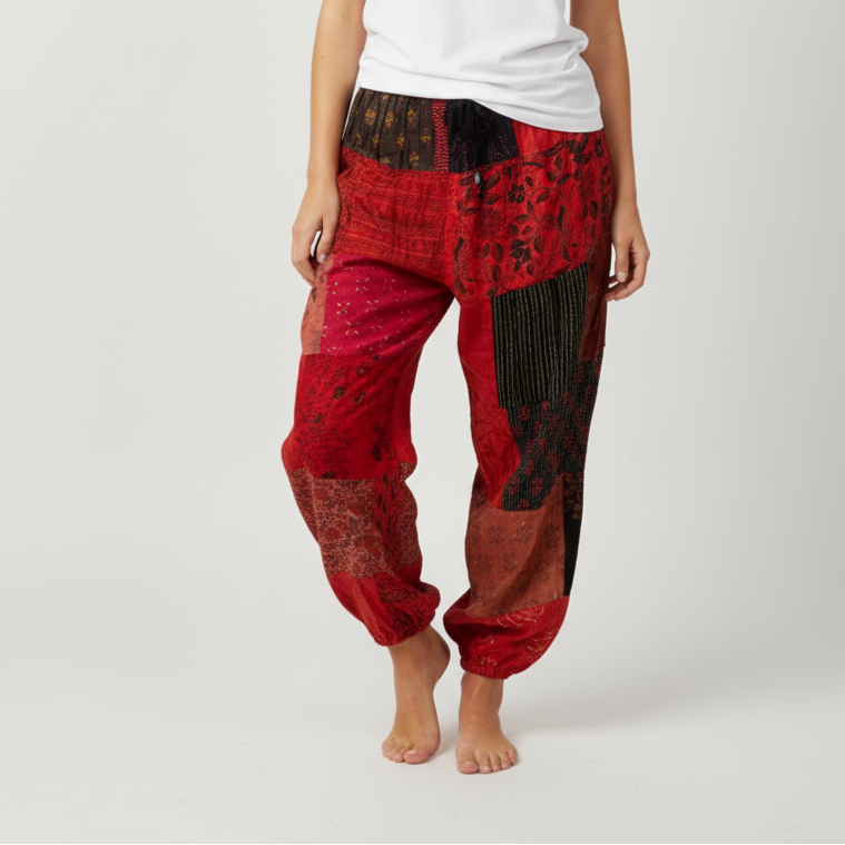 Cotton Patchwork Pants - Red