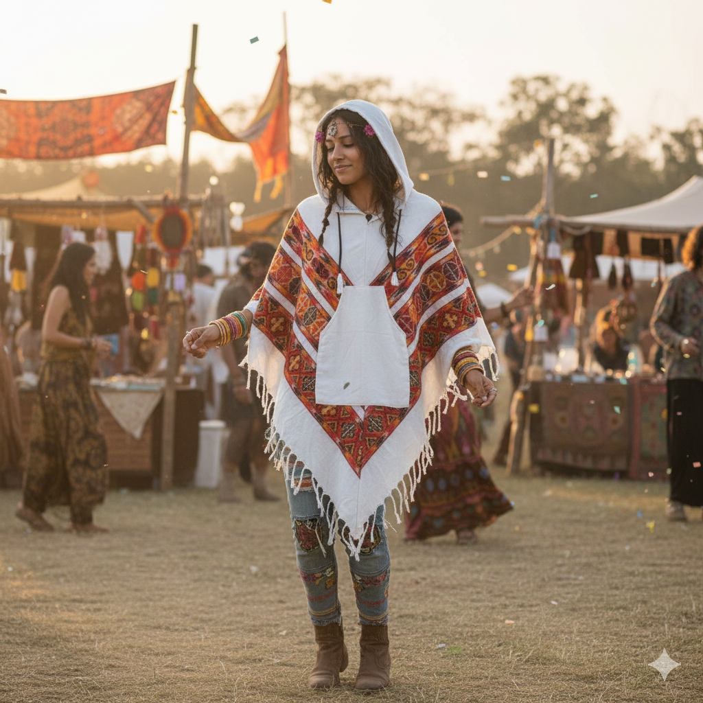 Pahadi Poncho 3 Patti with Hood - White