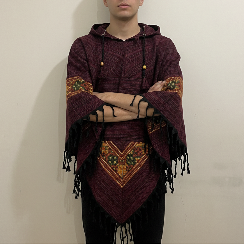 Pahadi Kullu Poncho with Hood - Maroon