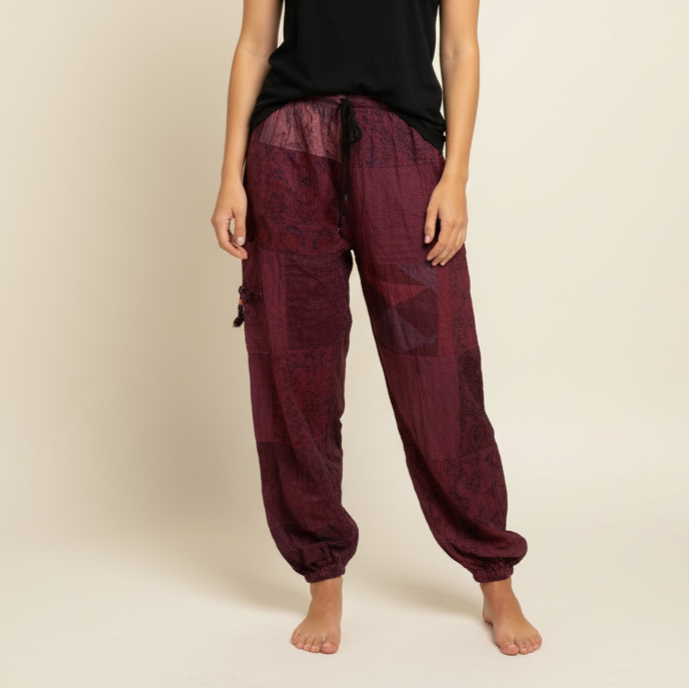Cotton Patchwork Pants - Wine