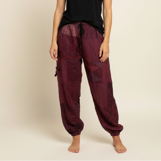 Cotton Patchwork Pants - Wine