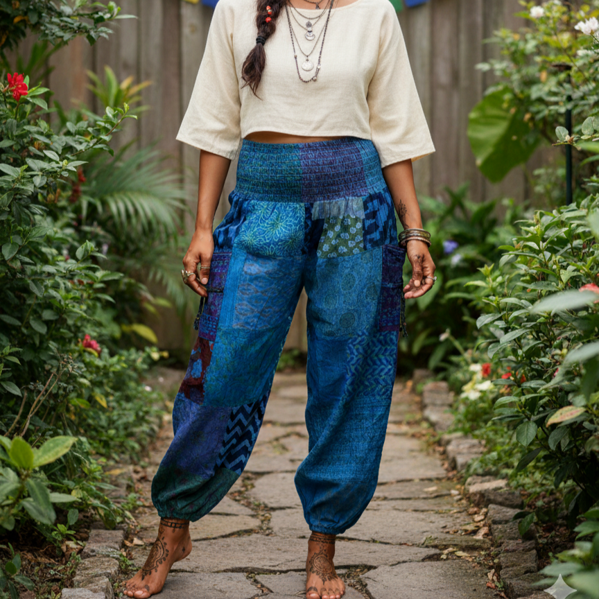 Cotton Patchwork Pants - Kansai Pattern (Blue)