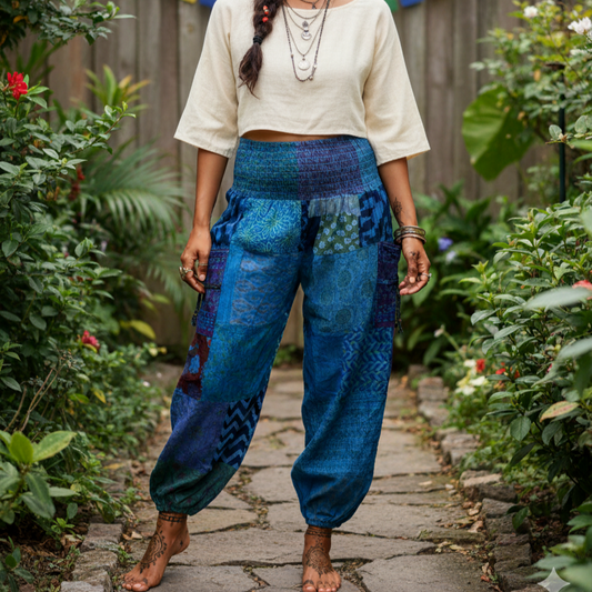 Cotton Patchwork Pants - Kansai Pattern (Blue)