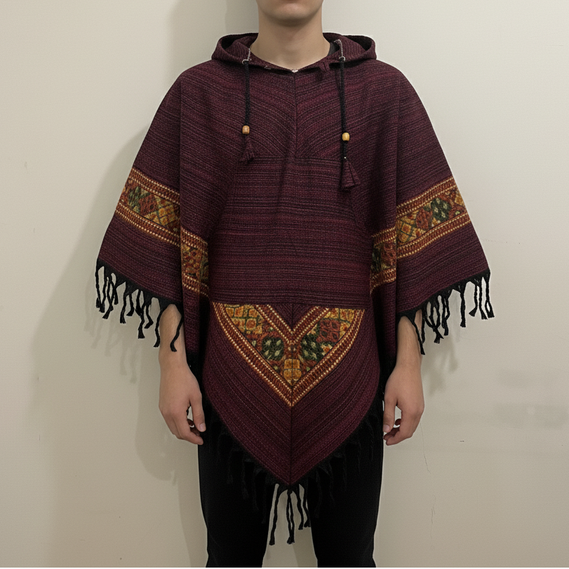 Pahadi Kullu Poncho with Hood - Maroon