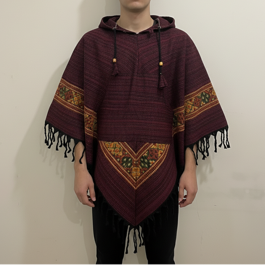 Pahadi Kullu Poncho with Hood - Maroon