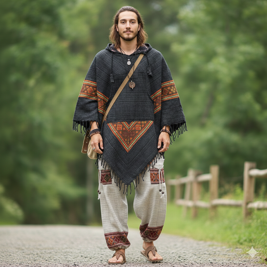 Combo Set - Kullu Poncho + Woollen Pants (Black+ Cream)