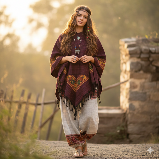 Combo Set - Kullu Poncho + Woollen Pants (Brown+ Cream)