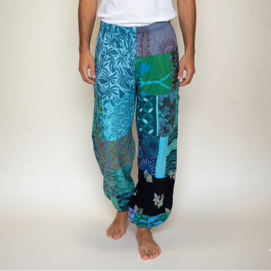Cotton Patchwork Pants - Turquoise