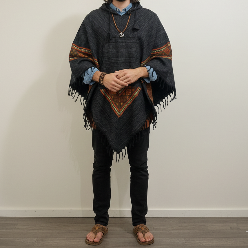 Pahadi Kullu Poncho with Hood - Black