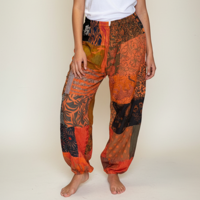 Cotton Patchwork Pants - Orange