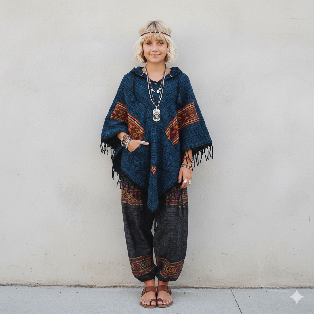 Combo Set - Kullu Poncho + Woollen Pants (Blue + Black)