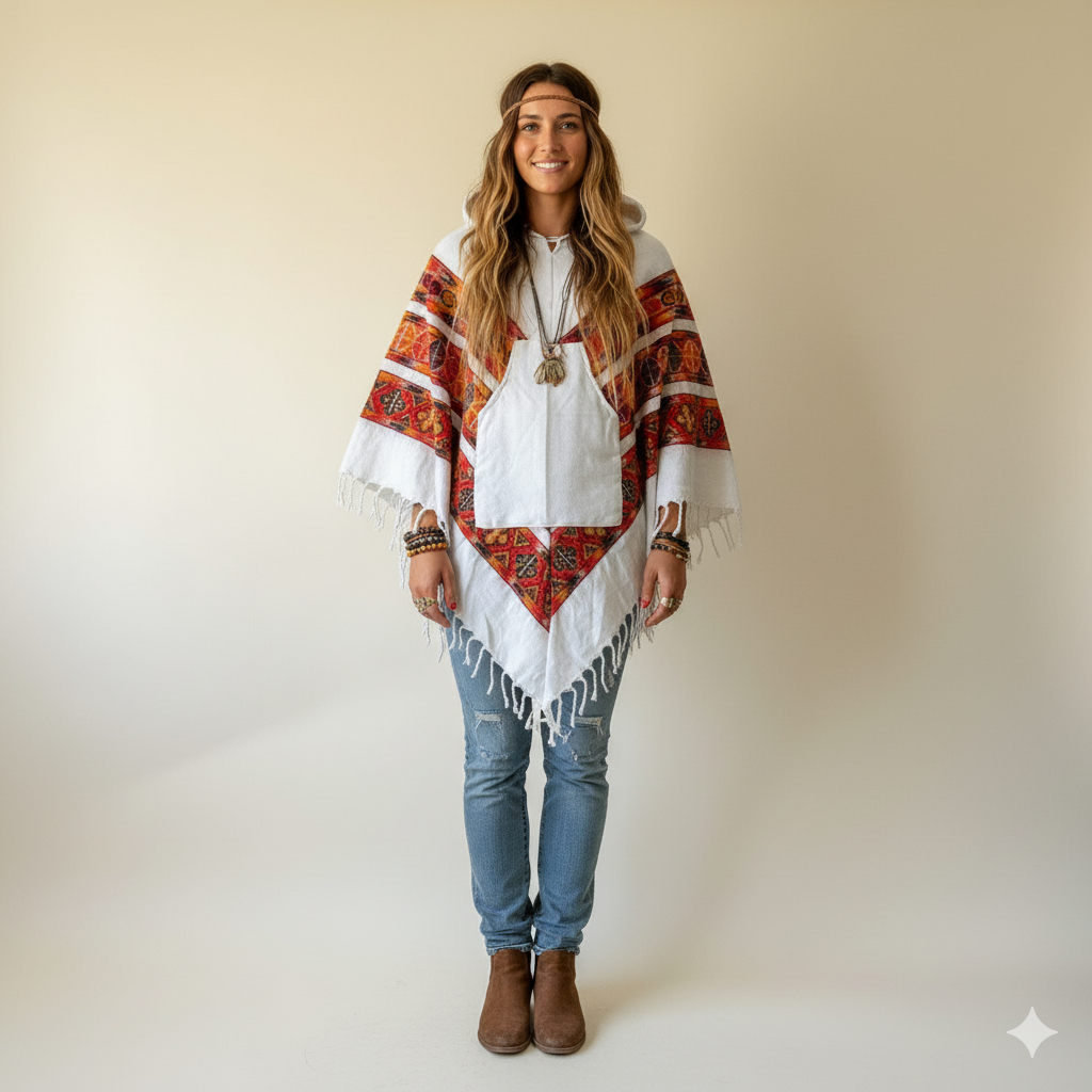 Pahadi Poncho 3 Patti with Hood - White