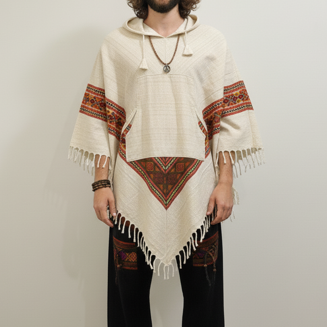 Pahadi Kullu Poncho with Hood - Cream