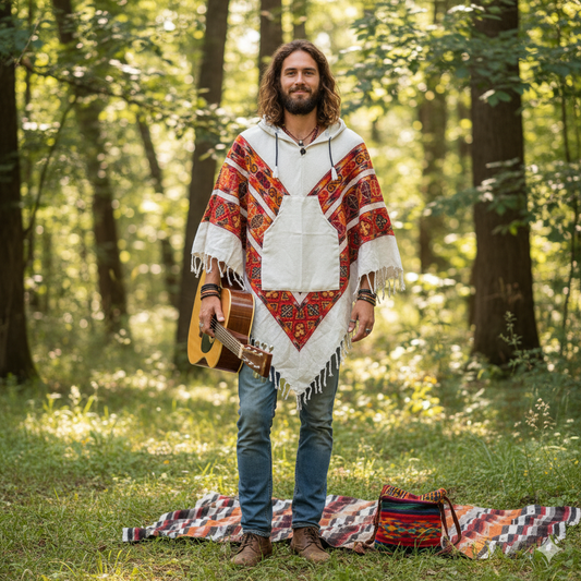 Pahadi Poncho 3 Patti with Hood - White