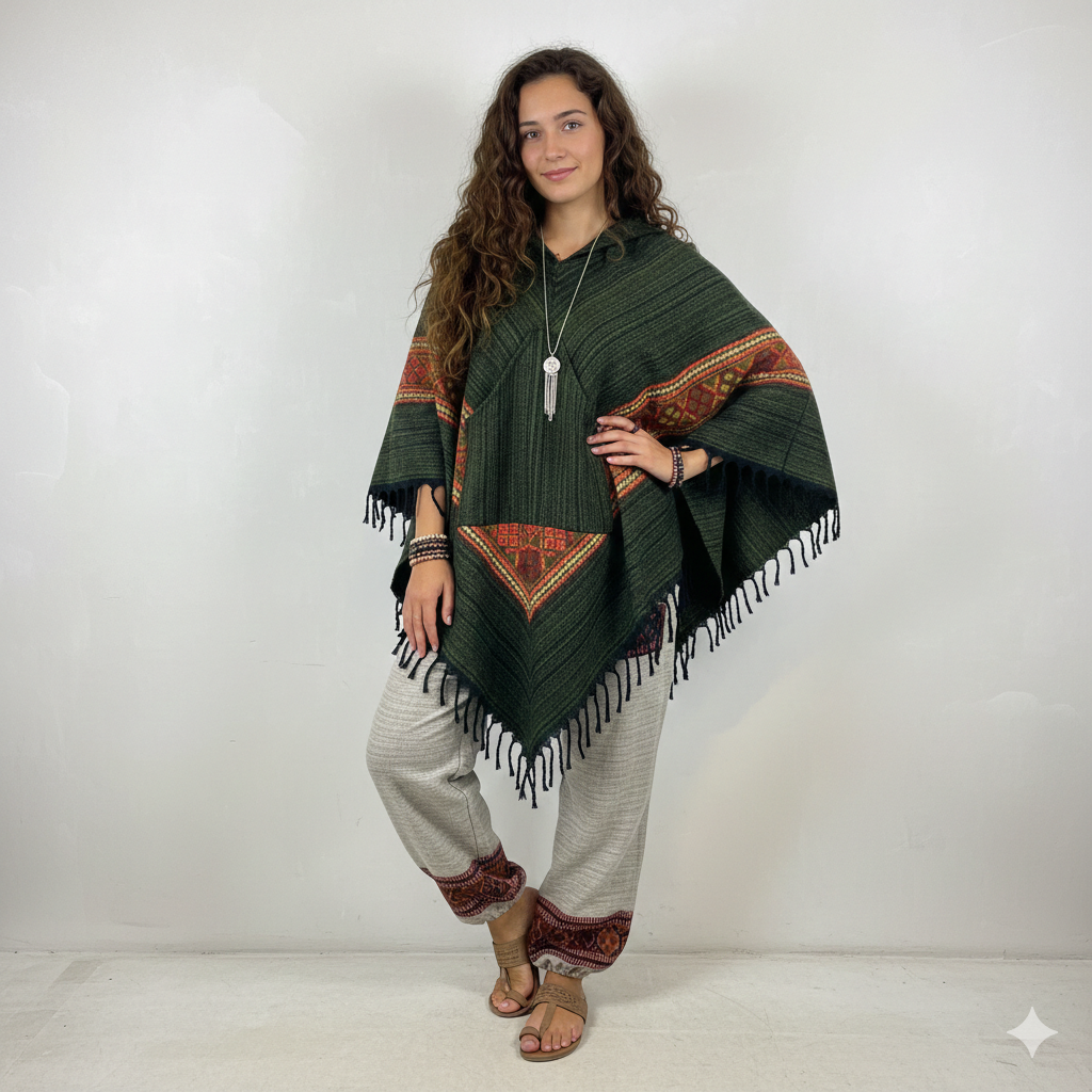 Combo Set - Kullu Poncho + Woollen Pants (Green+ Cream)